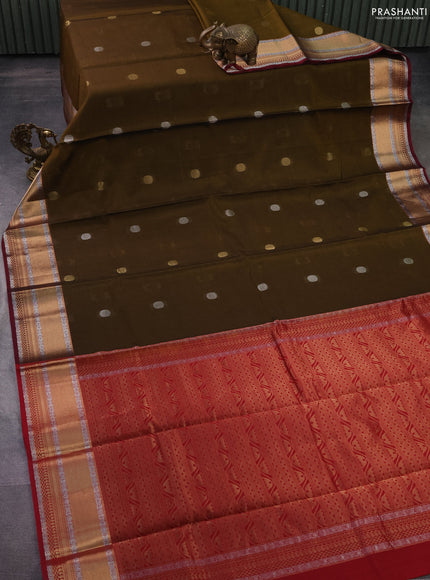 Kora silk cotton saree dark mehendi green and pink with silver & gold zari woven geometric buttas and zari woven border