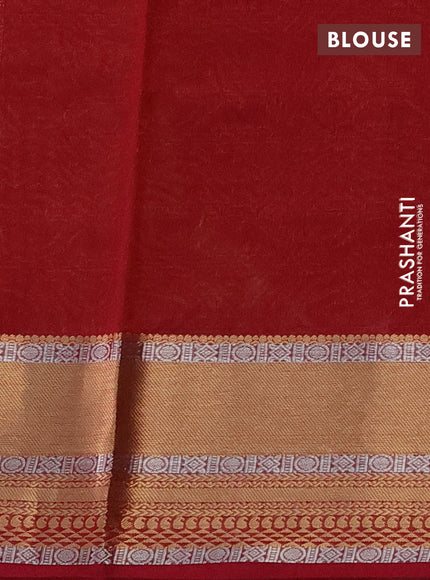 Kora silk cotton saree dark mehendi green and pink with silver & gold zari woven geometric buttas and zari woven border