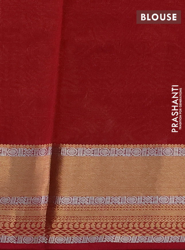 Kora silk cotton saree dark mehendi green and pink with silver & gold zari woven geometric buttas and zari woven border