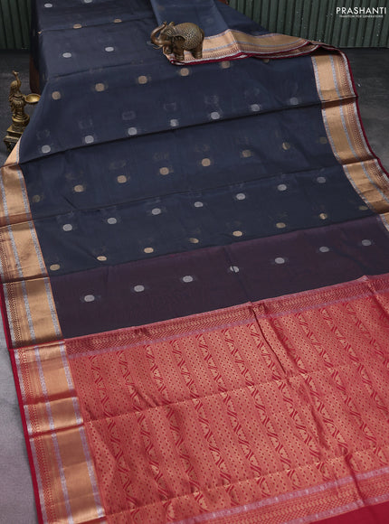 Kora silk cotton saree grey and maroon with silver & gold zari woven geometric buttas and zari woven border