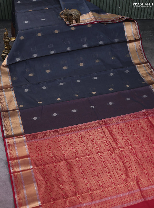 Kora silk cotton saree grey and maroon with silver & gold zari woven geometric buttas and zari woven border