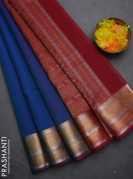 Kora silk cotton saree dual shade of blue and maroon with silver & gold zari woven geometric buttas and zari woven border