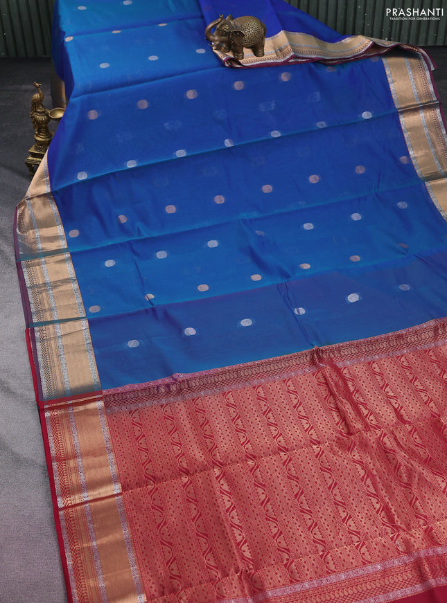 Kora silk cotton saree dual shade of blue and maroon with silver & gold zari woven geometric buttas and zari woven border