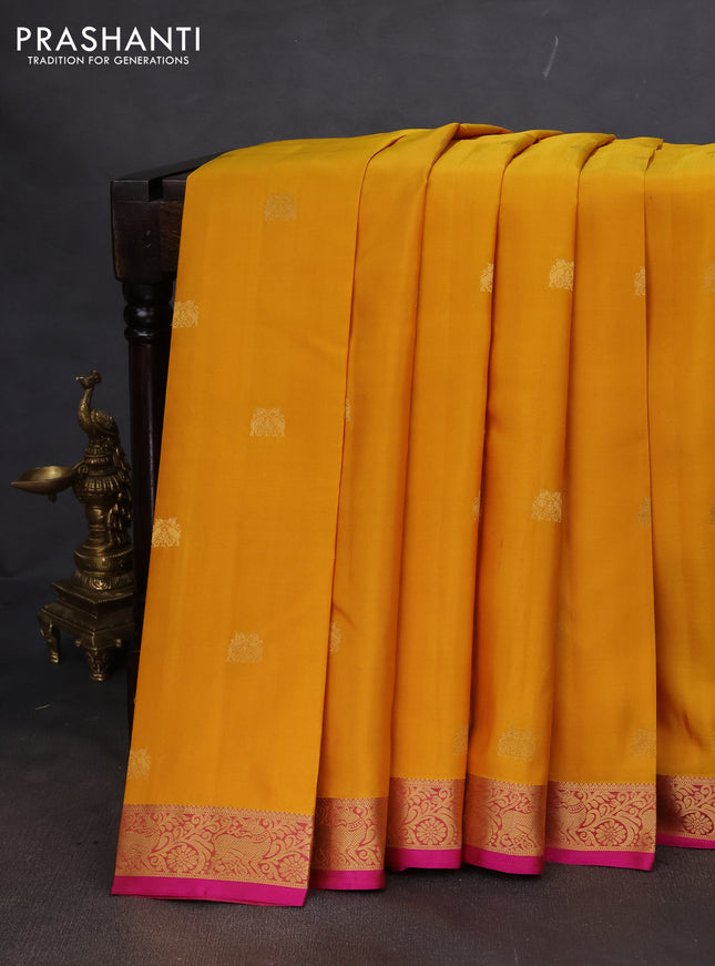 Pure kanchipuram silk saree yellow and pink with zari woven buttas and zari woven border