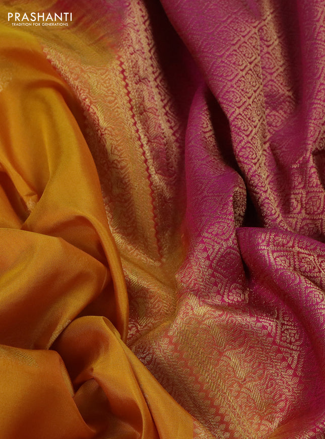 Pure kanchipuram silk saree yellow and pink with zari woven buttas and zari woven border