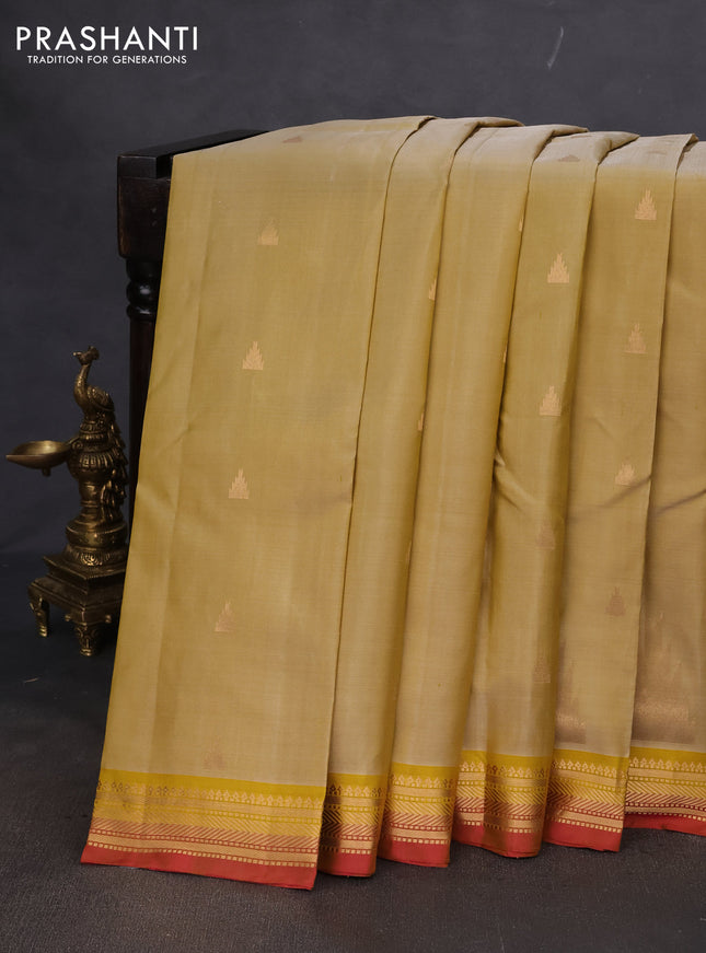 Pure kanchipuram silk saree mustard shade and pink with temple zari woven buttas and zari woven border