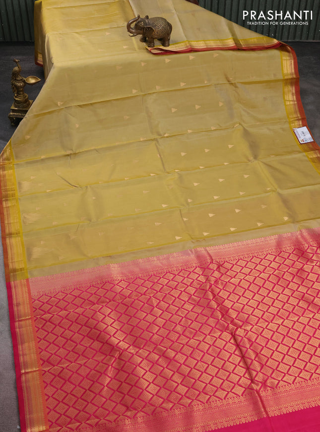 Pure kanchipuram silk saree mustard shade and pink with temple zari woven buttas and zari woven border