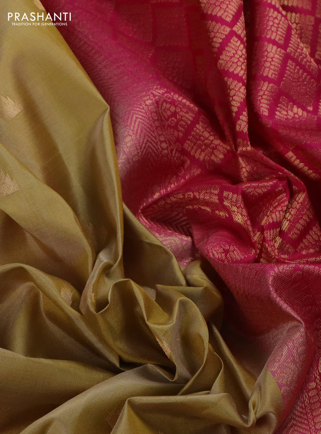 Pure kanchipuram silk saree mustard shade and pink with temple zari woven buttas and zari woven border