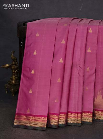 Pure kanchipuram silk saree purple shade and dual shade of green with temple zari woven buttas and ganga jamuna border