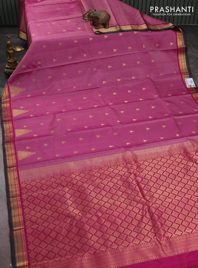 Pure kanchipuram silk saree purple shade and dual shade of green with temple zari woven buttas and ganga jamuna border