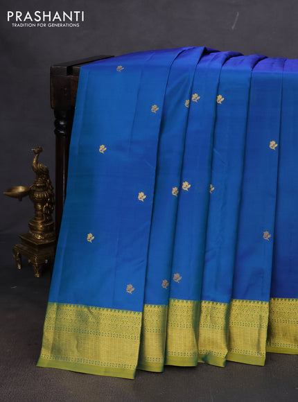 Pure kanchipuram silk saree dual shade of blue and dual shade of light green with zari woven buttas and rich zari woven border
