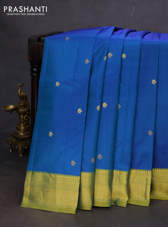 Pure kanchipuram silk saree dual shade of blue and dual shade of light green with zari woven buttas and rich zari woven border