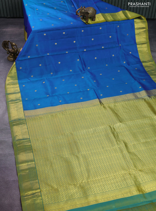 Pure kanchipuram silk saree dual shade of blue and dual shade of light green with zari woven buttas and rich zari woven border