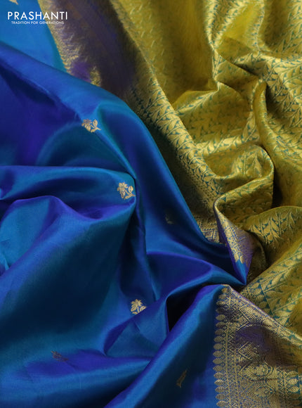 Pure kanchipuram silk saree dual shade of blue and dual shade of light green with zari woven buttas and rich zari woven border