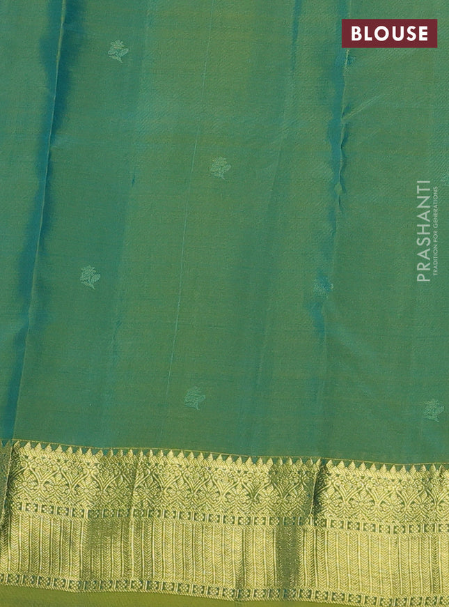 Pure kanchipuram silk saree dual shade of blue and dual shade of light green with zari woven buttas and rich zari woven border