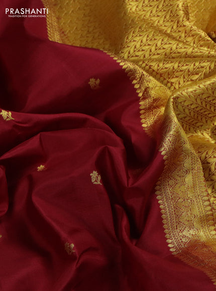 Pure kanchipuram silk saree maroon and dark mustard with zari woven buttas and rich zari woven border