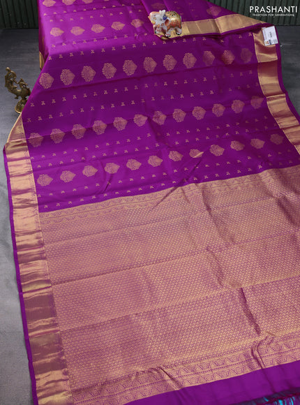 Pure kanchipuram silk saree purple and teal blue with zari woven buttas and rich zari woven border
