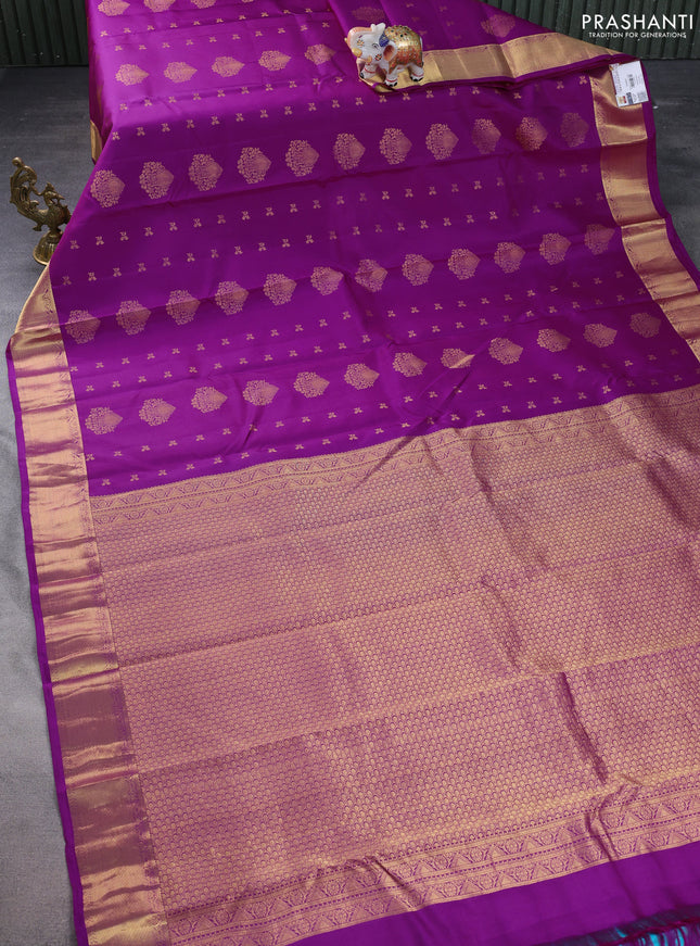 Pure kanchipuram silk saree purple and teal blue with zari woven buttas and rich zari woven border