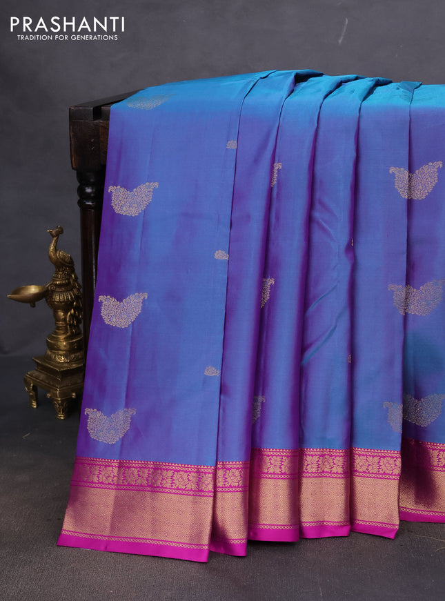 Pure kanchipuram silk saree dual shade of blue and purple with zari woven buttas and rich zari woven border