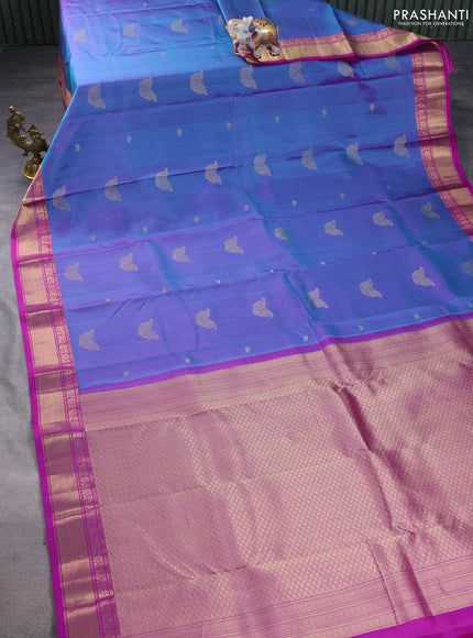 Pure kanchipuram silk saree dual shade of blue and purple with zari woven buttas and rich zari woven border