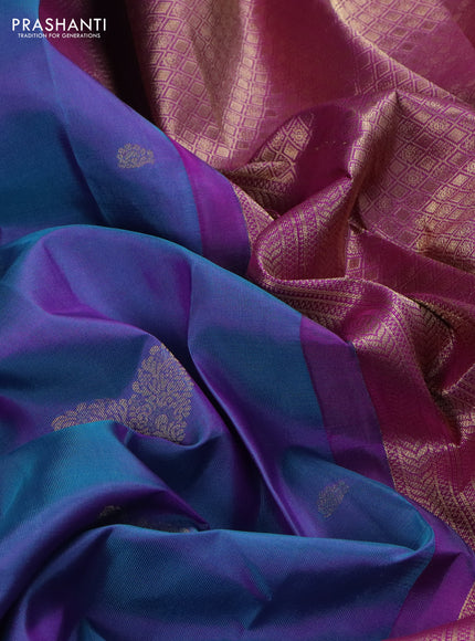 Pure kanchipuram silk saree dual shade of blue and purple with zari woven buttas and rich zari woven border