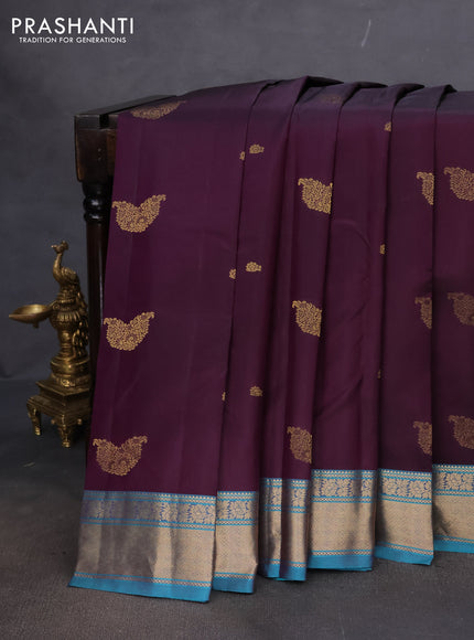 Pure kanchipuram silk saree deep purple and teal blue with zari woven buttas and rich zari woven border