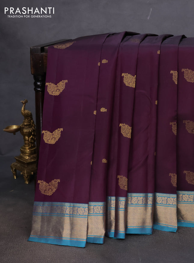 Pure kanchipuram silk saree deep purple and teal blue with zari woven buttas and rich zari woven border