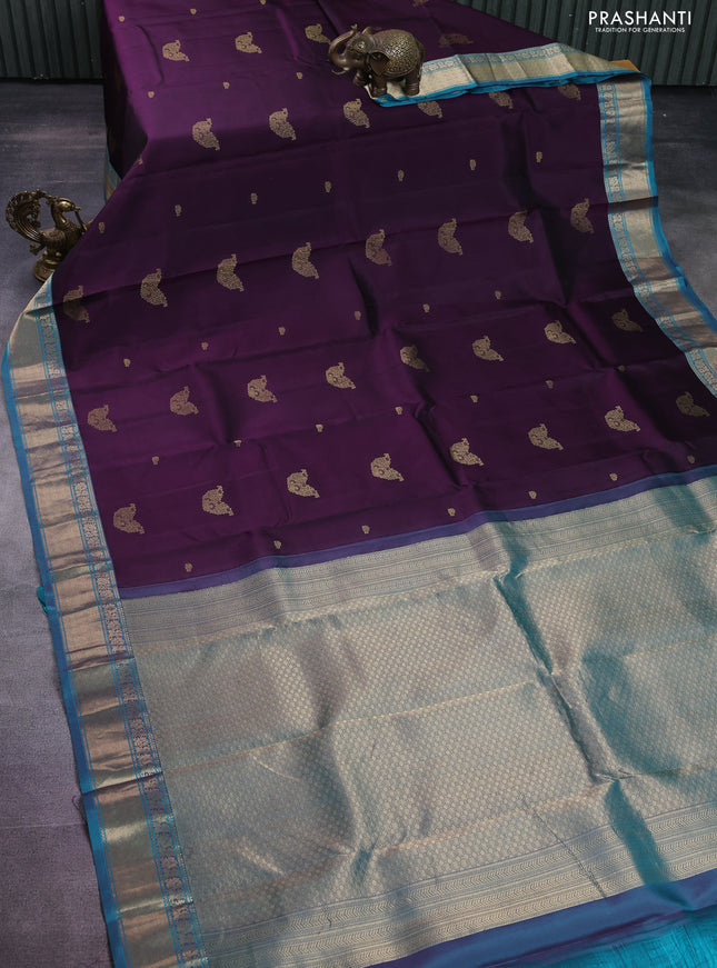 Pure kanchipuram silk saree deep purple and teal blue with zari woven buttas and rich zari woven border