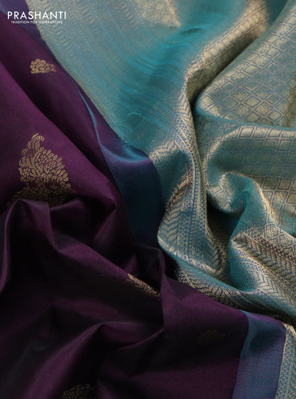 Pure kanchipuram silk saree deep purple and teal blue with zari woven buttas and rich zari woven border