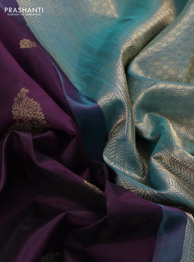 Pure kanchipuram silk saree deep purple and teal blue with zari woven buttas and rich zari woven border