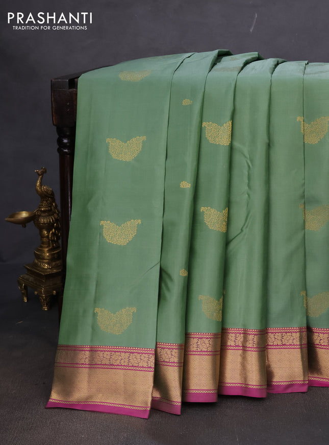 Pure kanchipuram silk saree pastel green and pink with zari woven buttas and rich zari woven border