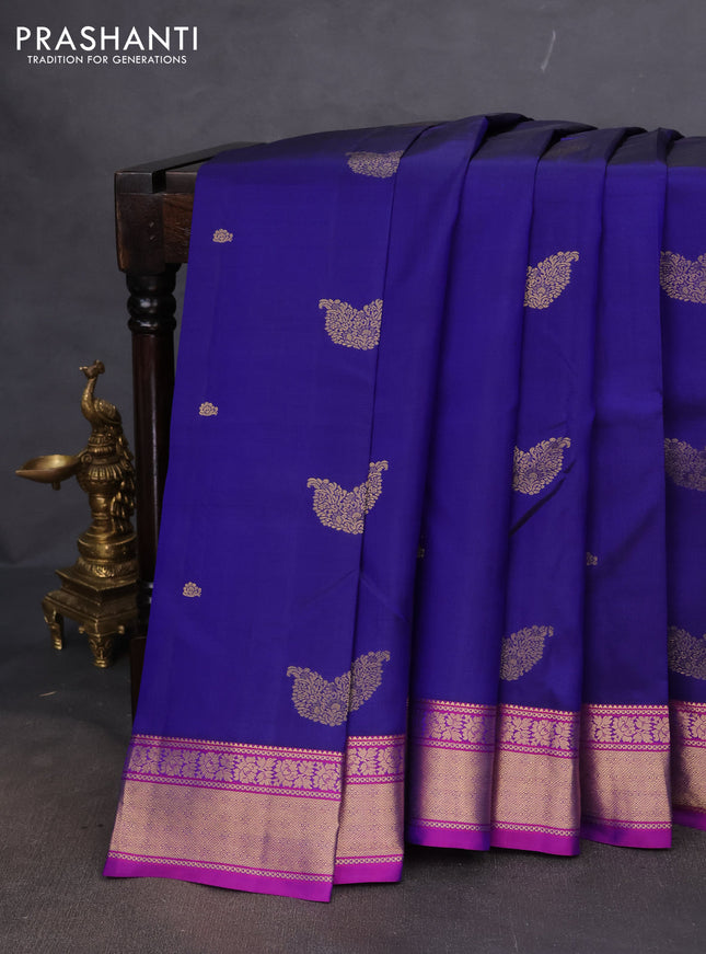 Pure kanchipuram silk saree blue and purple with zari woven buttas and rich zari woven border