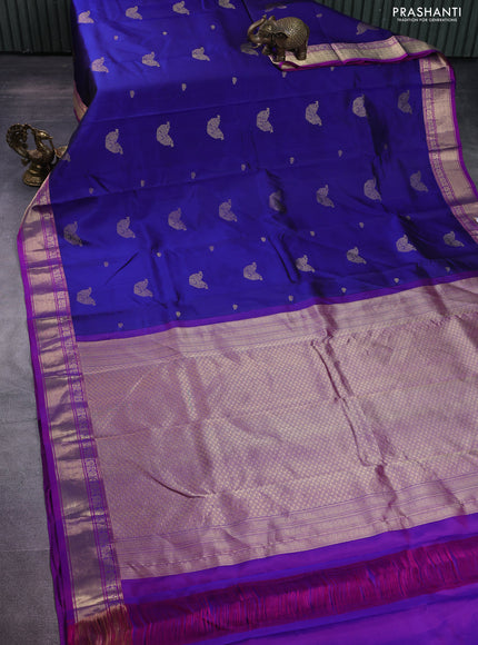 Pure kanchipuram silk saree blue and purple with zari woven buttas and rich zari woven border
