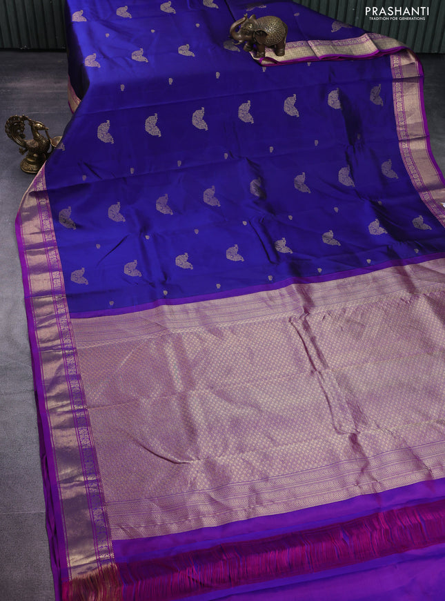 Pure kanchipuram silk saree blue and purple with zari woven buttas and rich zari woven border
