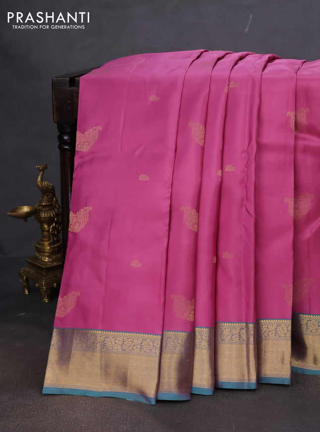 Pure kanchipuram silk saree mauve pink and teal green with zari woven buttas and rich zari woven border