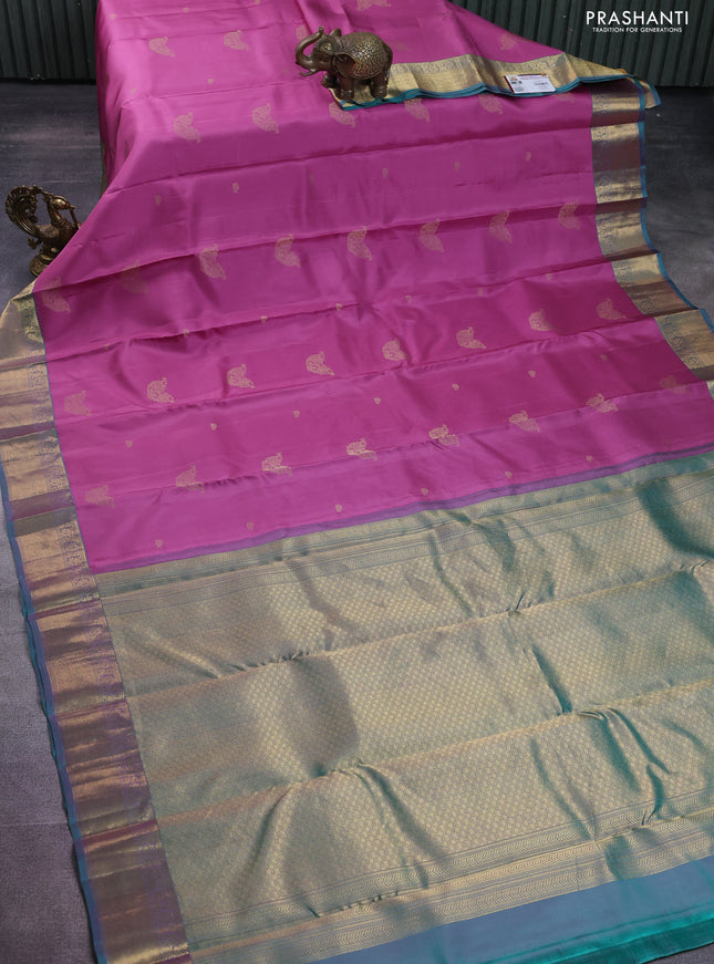 Pure kanchipuram silk saree mauve pink and teal green with zari woven buttas and rich zari woven border