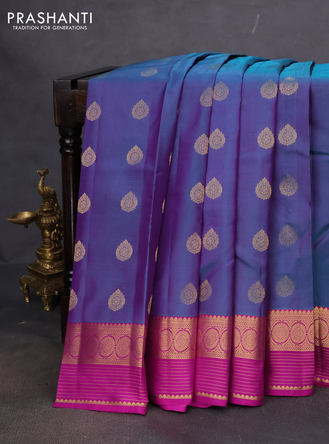 Pure kanchipuram silk saree dual shade of blue and purple with zari woven buttas and rich zari woven border