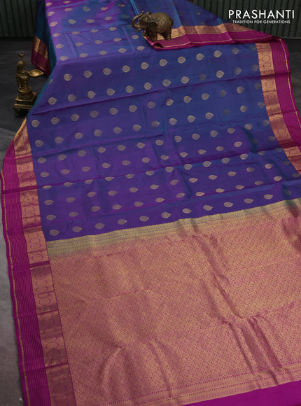Pure kanchipuram silk saree dual shade of blue and purple with zari woven buttas and rich zari woven border