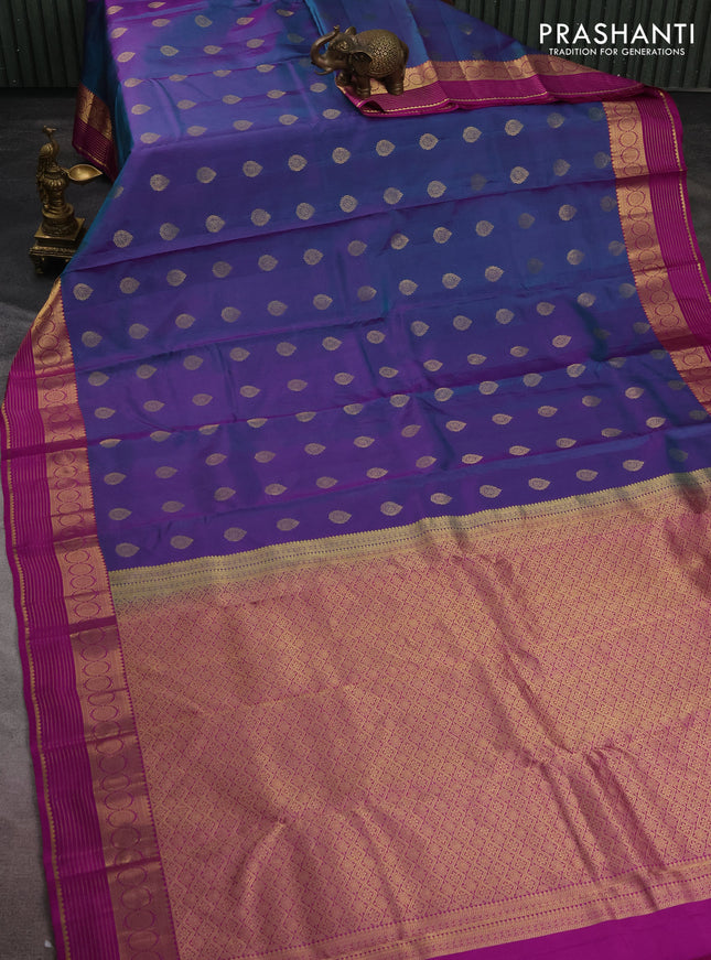 Pure kanchipuram silk saree dual shade of blue and purple with zari woven buttas and rich zari woven border