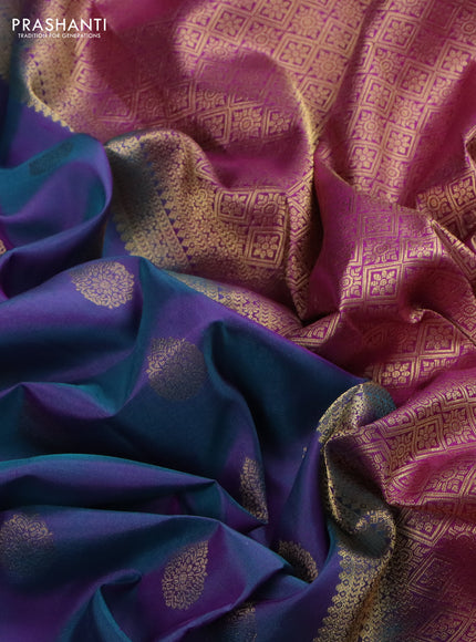 Pure kanchipuram silk saree dual shade of blue and purple with zari woven buttas and rich zari woven border
