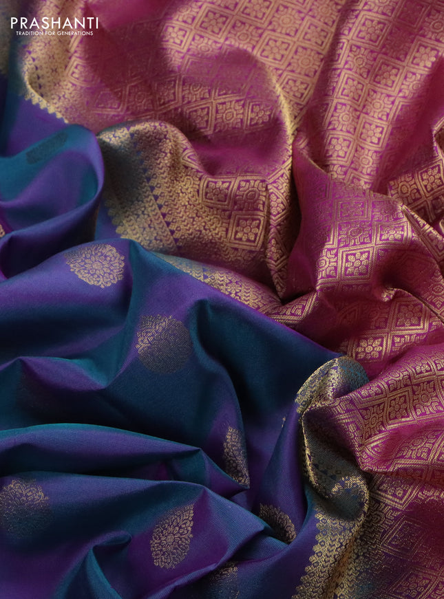 Pure kanchipuram silk saree dual shade of blue and purple with zari woven buttas and rich zari woven border