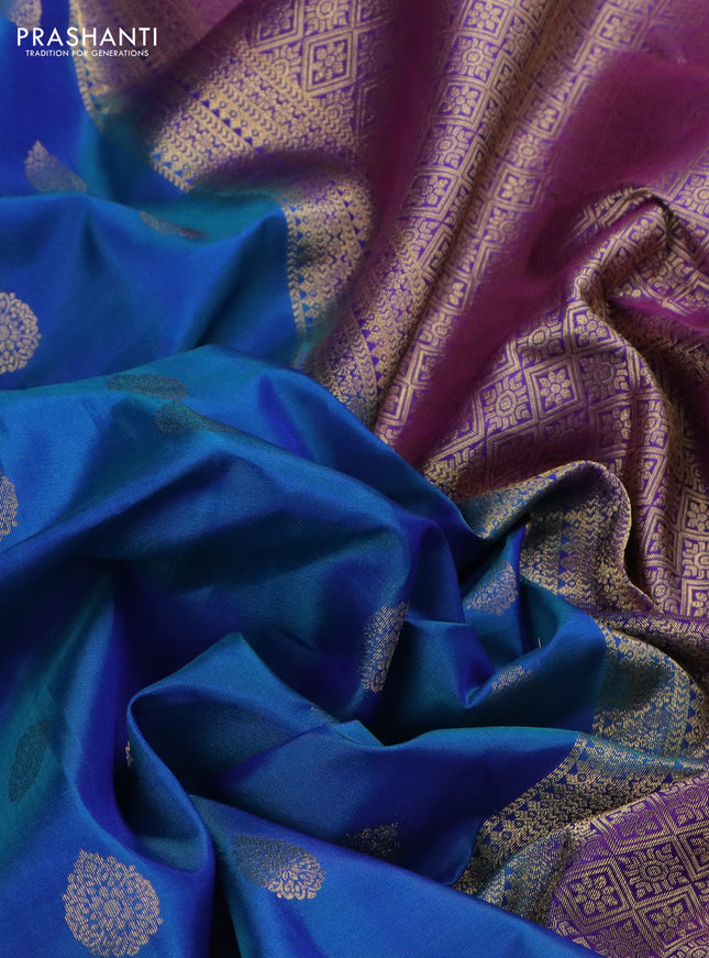 Pure kanchipuram silk saree dual shade of blue and purple with zari woven buttas and rich zari woven border