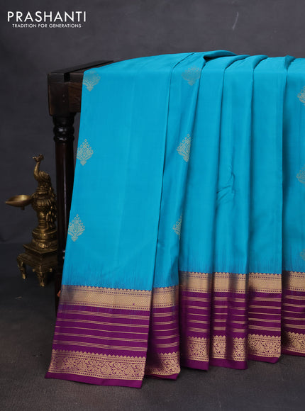 Pure kanchipuram silk saree teal blue and purple with zari woven buttas and rich zari woven border