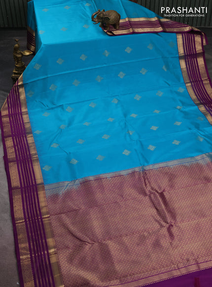 Pure kanchipuram silk saree teal blue and purple with zari woven buttas and rich zari woven border