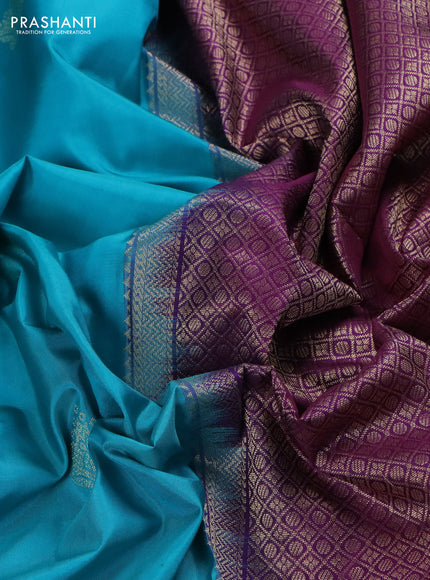 Pure kanchipuram silk saree teal blue and purple with zari woven buttas and rich zari woven border