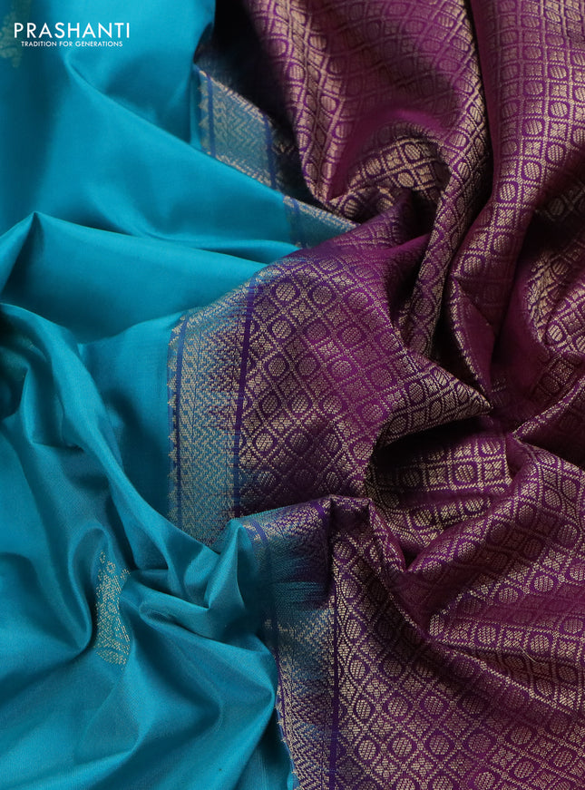 Pure kanchipuram silk saree teal blue and purple with zari woven buttas and rich zari woven border