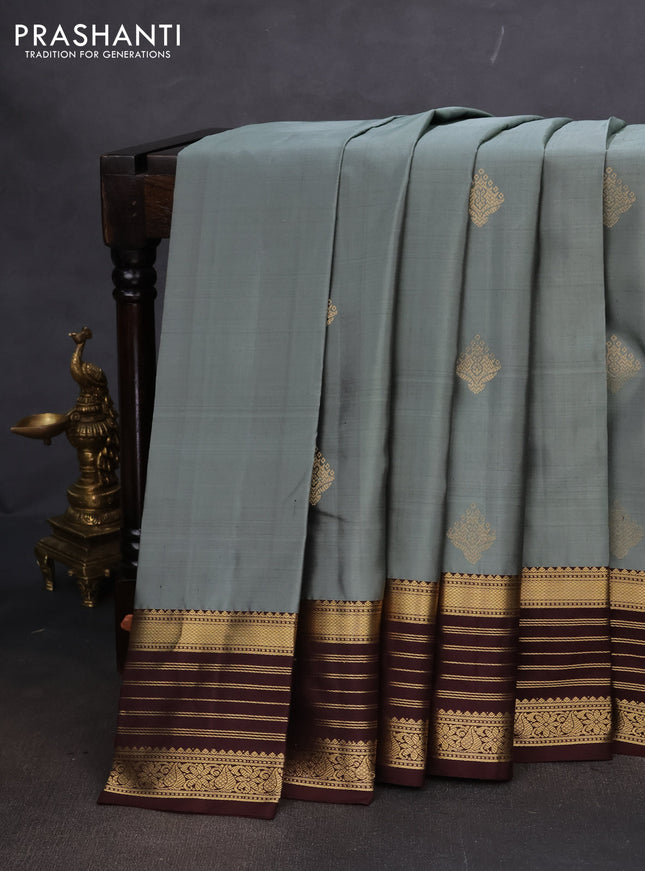 Pure kanchipuram silk saree greyish green shade and coffee brown with zari woven buttas and rich zari woven border