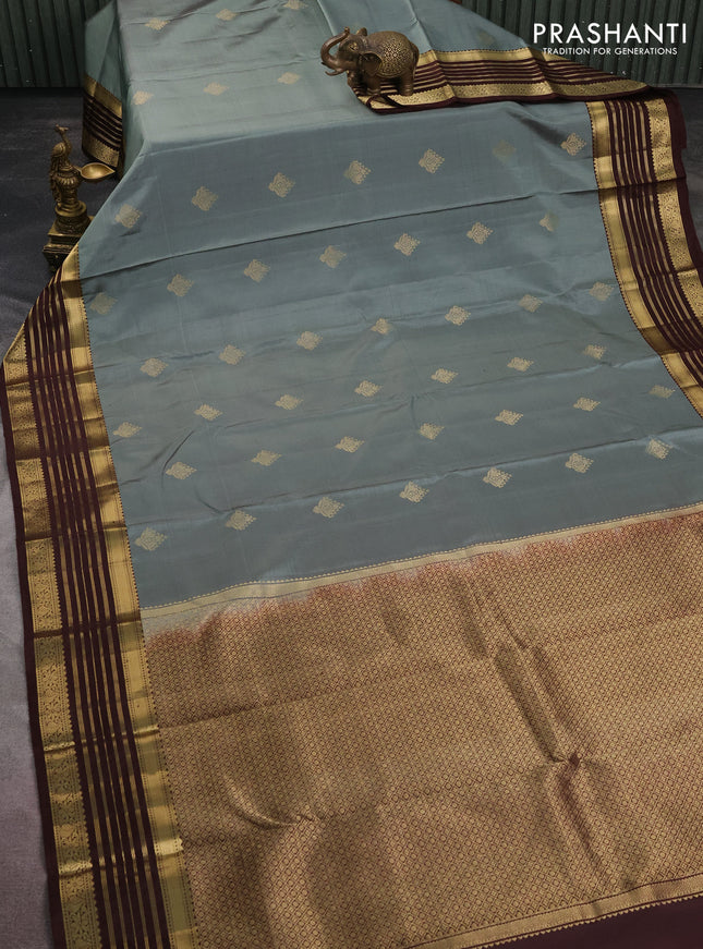 Pure kanchipuram silk saree greyish green shade and coffee brown with zari woven buttas and rich zari woven border