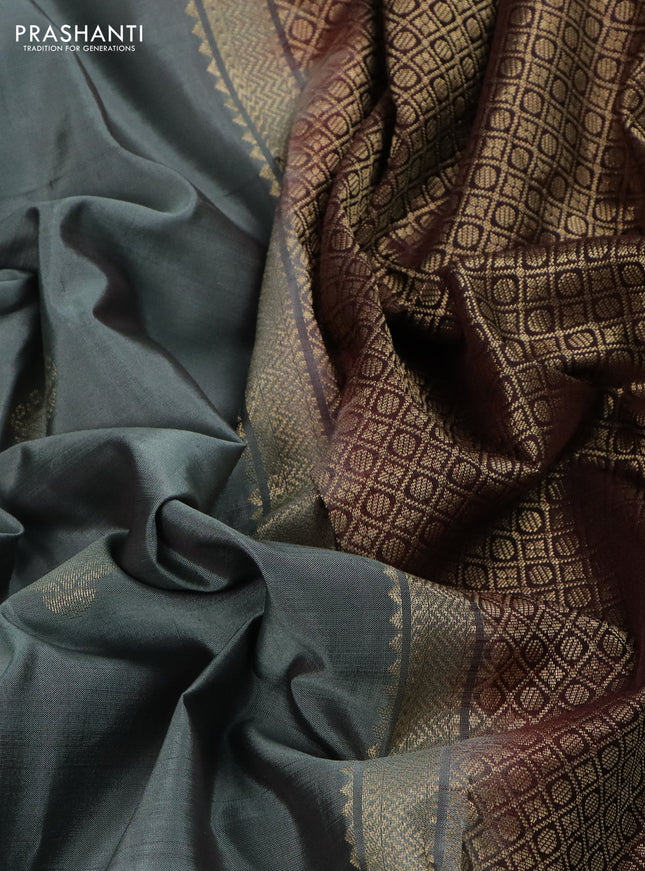 Pure kanchipuram silk saree greyish green shade and coffee brown with zari woven buttas and rich zari woven border
