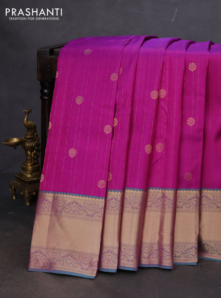Pure kanchipuram silk saree purple shade and dual shade of teal green with allover zari weaves and rich zari woven border